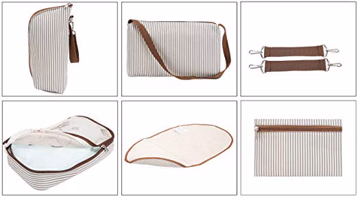 Ensemble de 7 sacs à langer, fourre-tout à couches, grande capacité, isolé, unisexe, multifonction, imperméable, avec matelas à langer, sangles de poussette, rayures